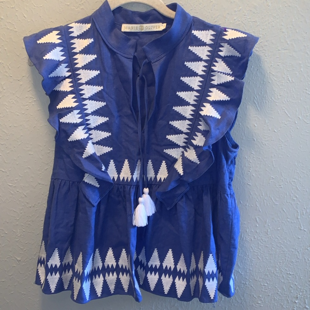 Marie Oliver Becca Blue White Linen Top Women’s Sz Small